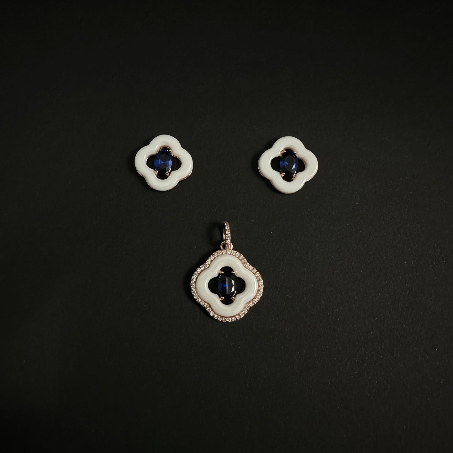 Silver White & Blue Diamond Floral Pendant Set for Women