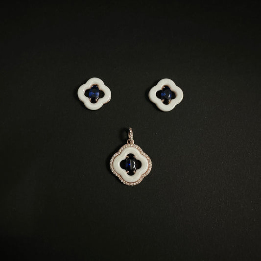 Silver White & Blue Diamond Floral Pendant Set for Women
