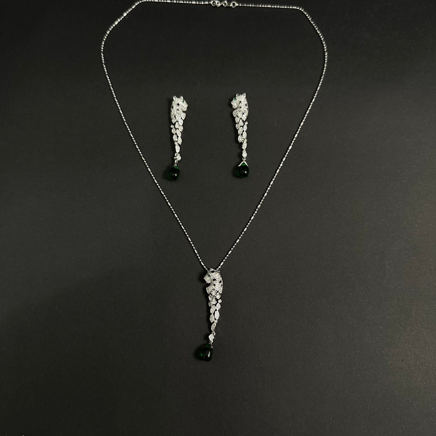 Silver Green Crystal Puma Pendant Set for Women