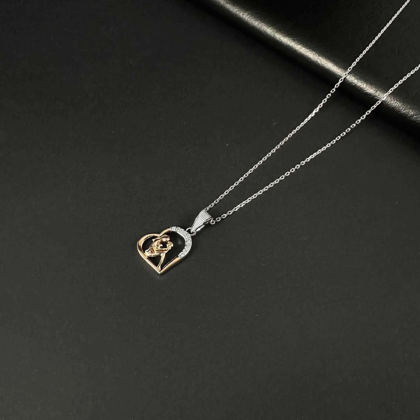 Silver & Gold Diamond Mother and Baby Heart Pendant for Women