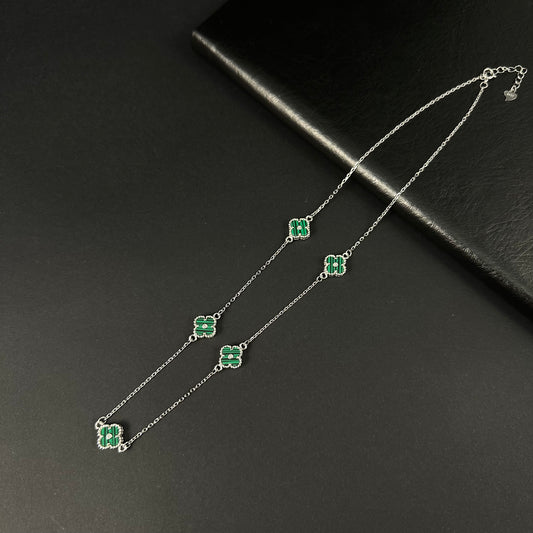Silver Diamond Green Clover Station Pendant Necklace for Women