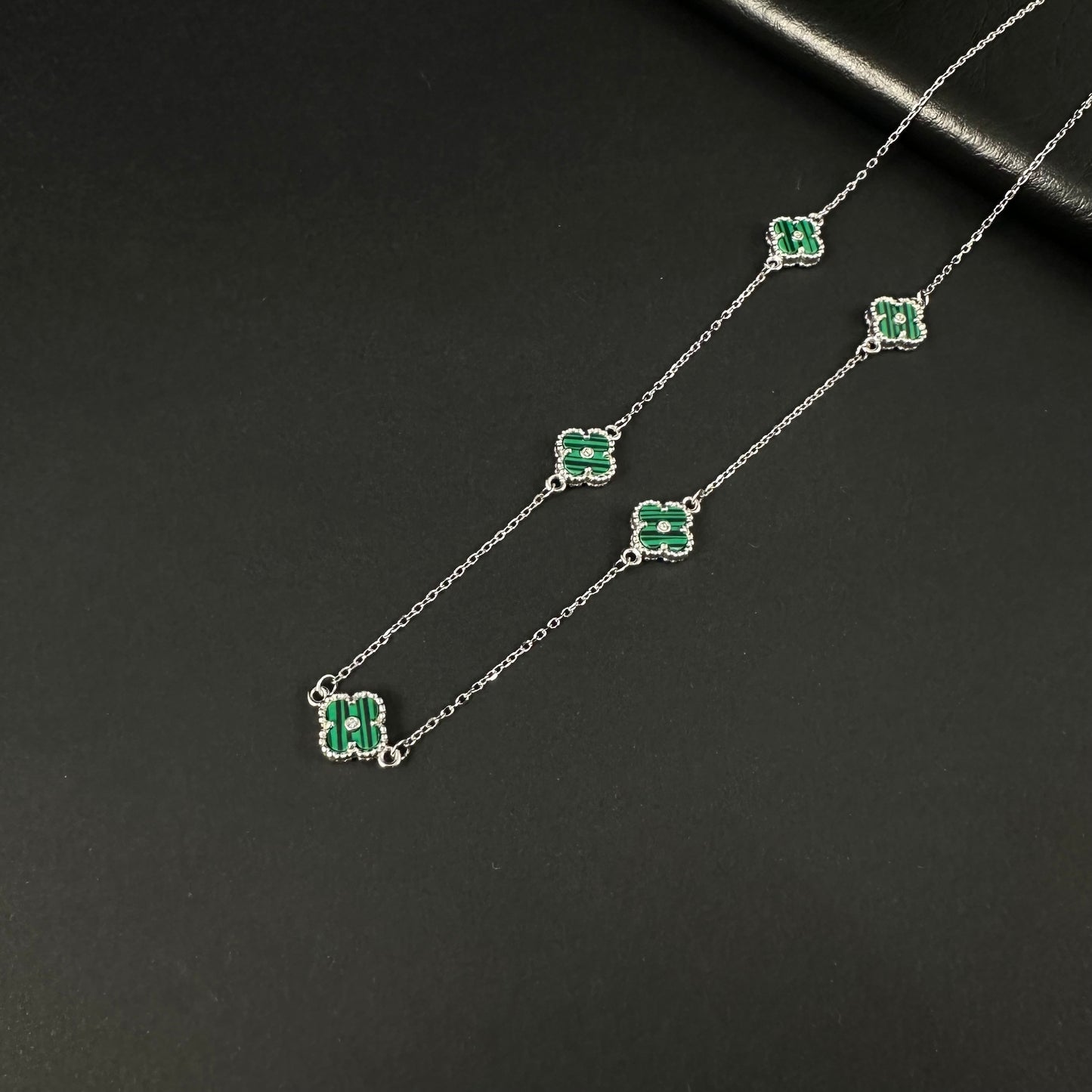 Silver Diamond Green Clover Station Pendant Necklace for Women