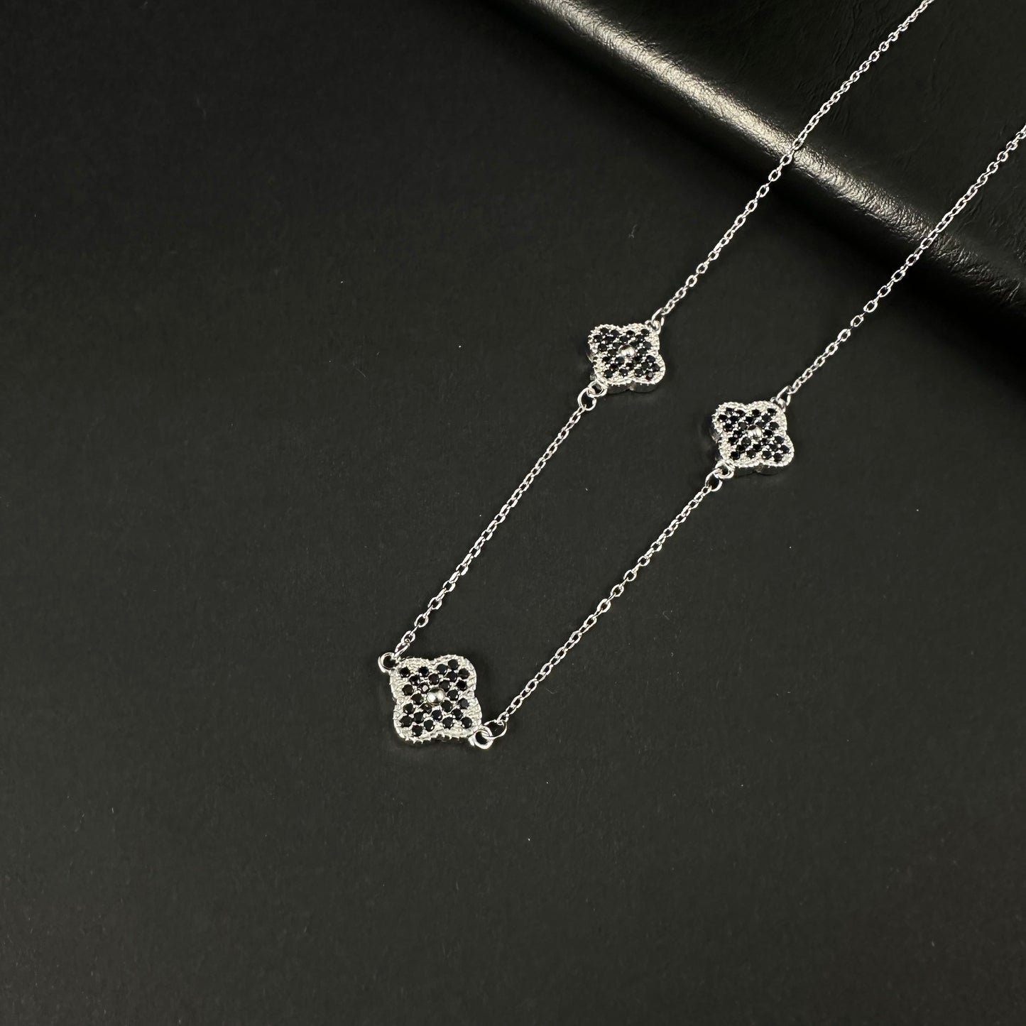 Silver Black Diamond Clover Station Pendant Necklace for Women