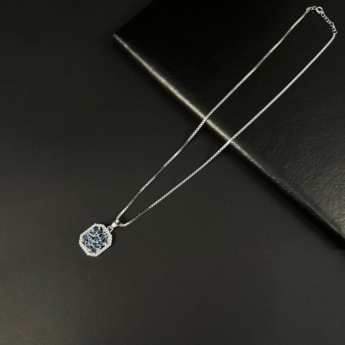 Silver Blue Diamond Geometric Halo Pendant for Women
