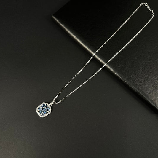 Silver Blue Diamond Geometric Halo Pendant for Women