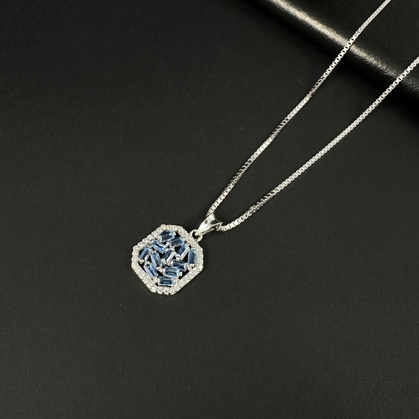 Silver Blue Diamond Geometric Halo Pendant for Women