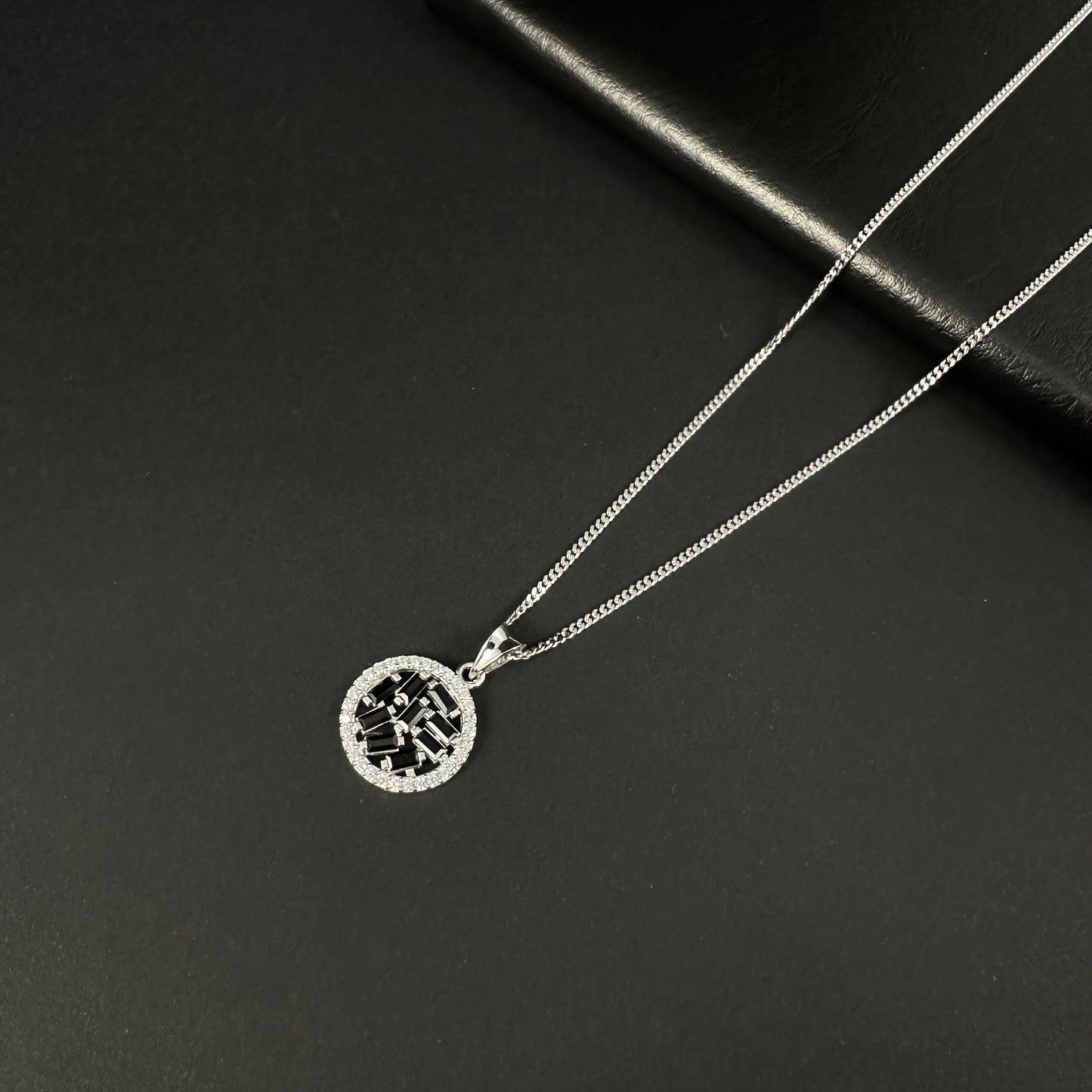 Silver Black Diamond Circle Halo Pendant for Women