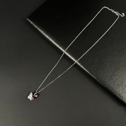 Silver Red Heart Butterfly Diamond Pendant for Women