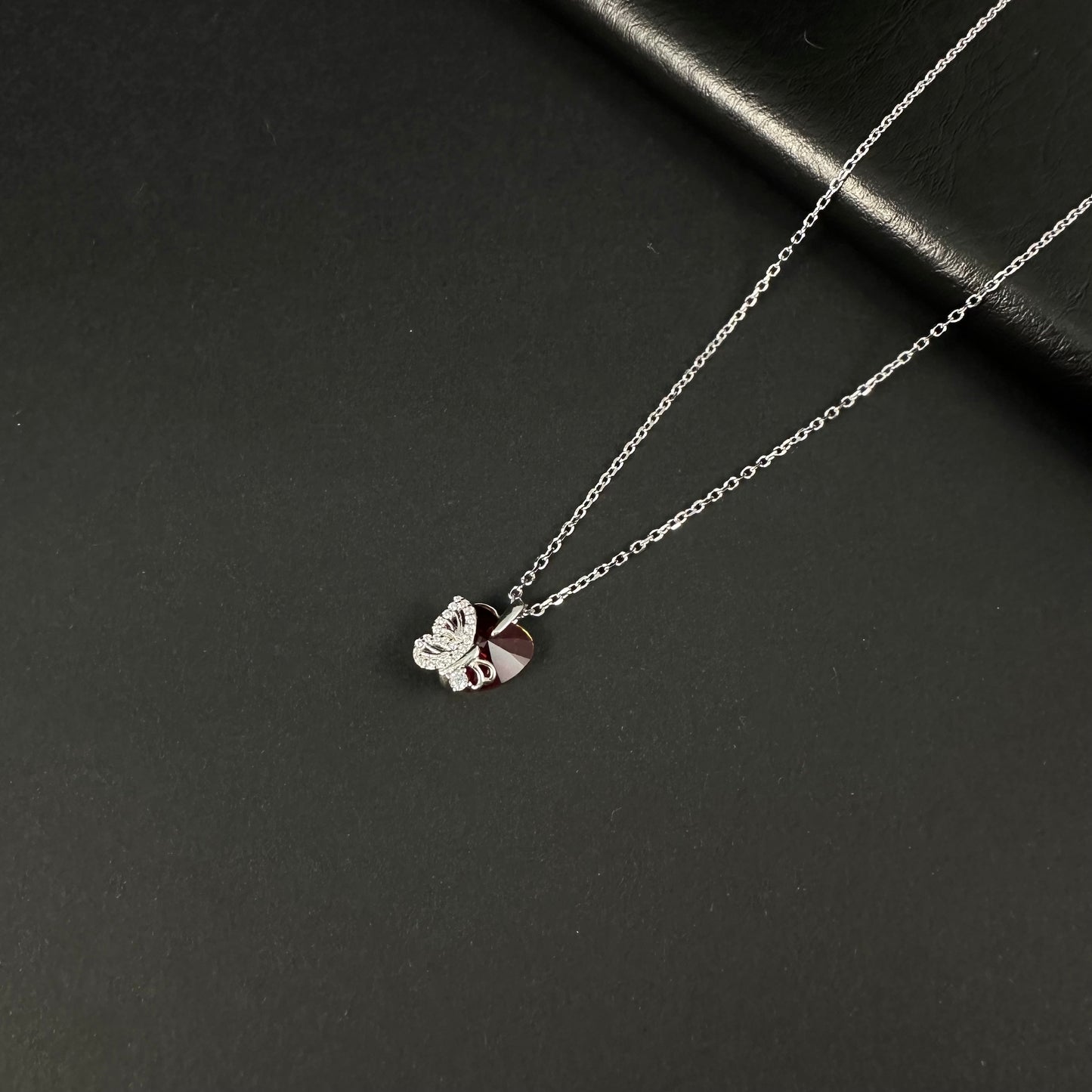 Silver Red Heart Butterfly Diamond Pendant for Women