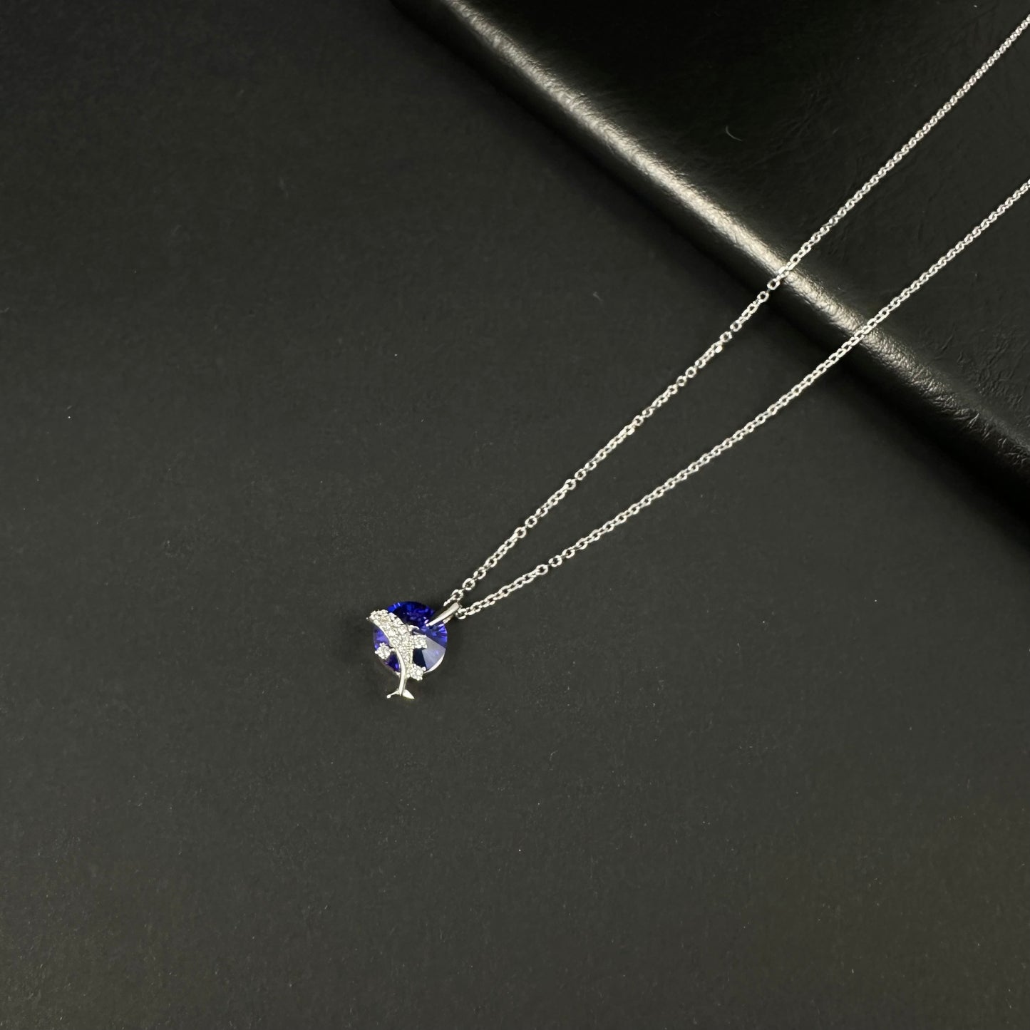Silver Blue Diamond Dolphin Pendant for Women