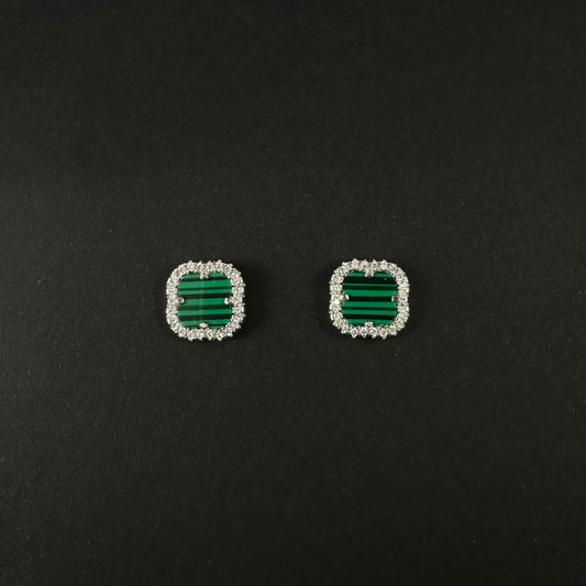 Silver Green Halo Diamond Stud Earrings for Women