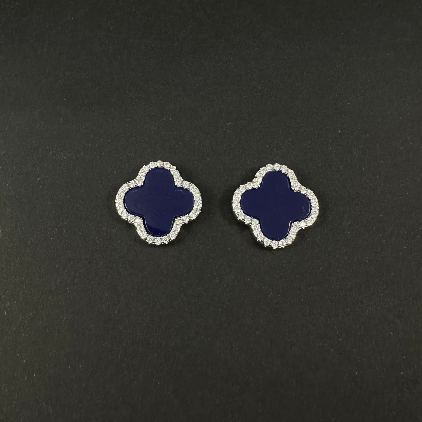 Silver Blue Clover Diamond Stud Earrings for Women