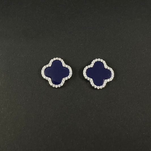 Silver Blue Clover Diamond Stud Earrings for Women