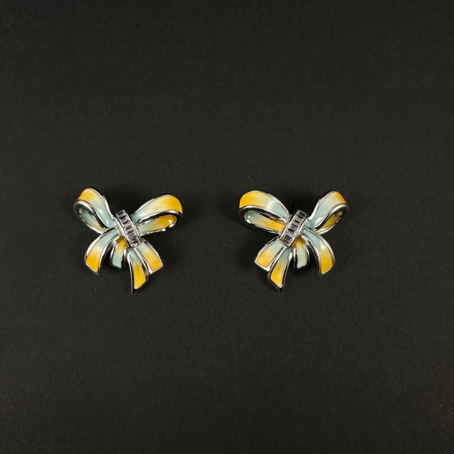 Silver Blue & Yellow Bow Diamond Stud Earrings for Women