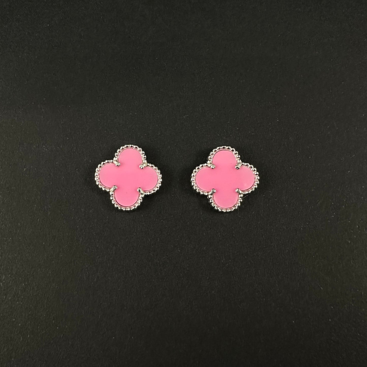 Silver Pink Clover Diamond Stud Earrings for Women