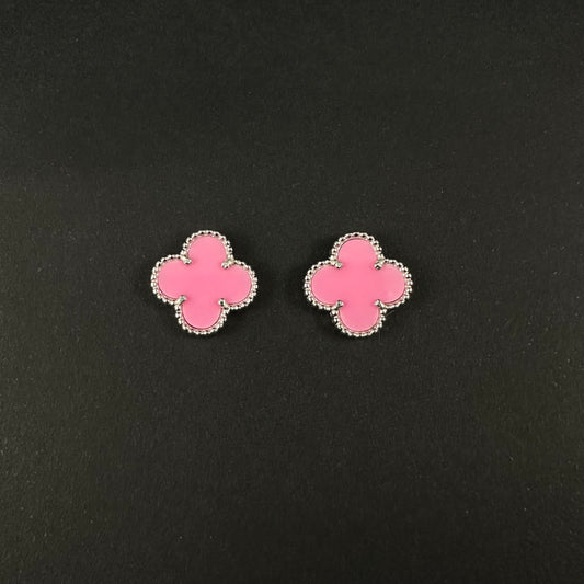 Silver Pink Clover Diamond Stud Earrings for Women