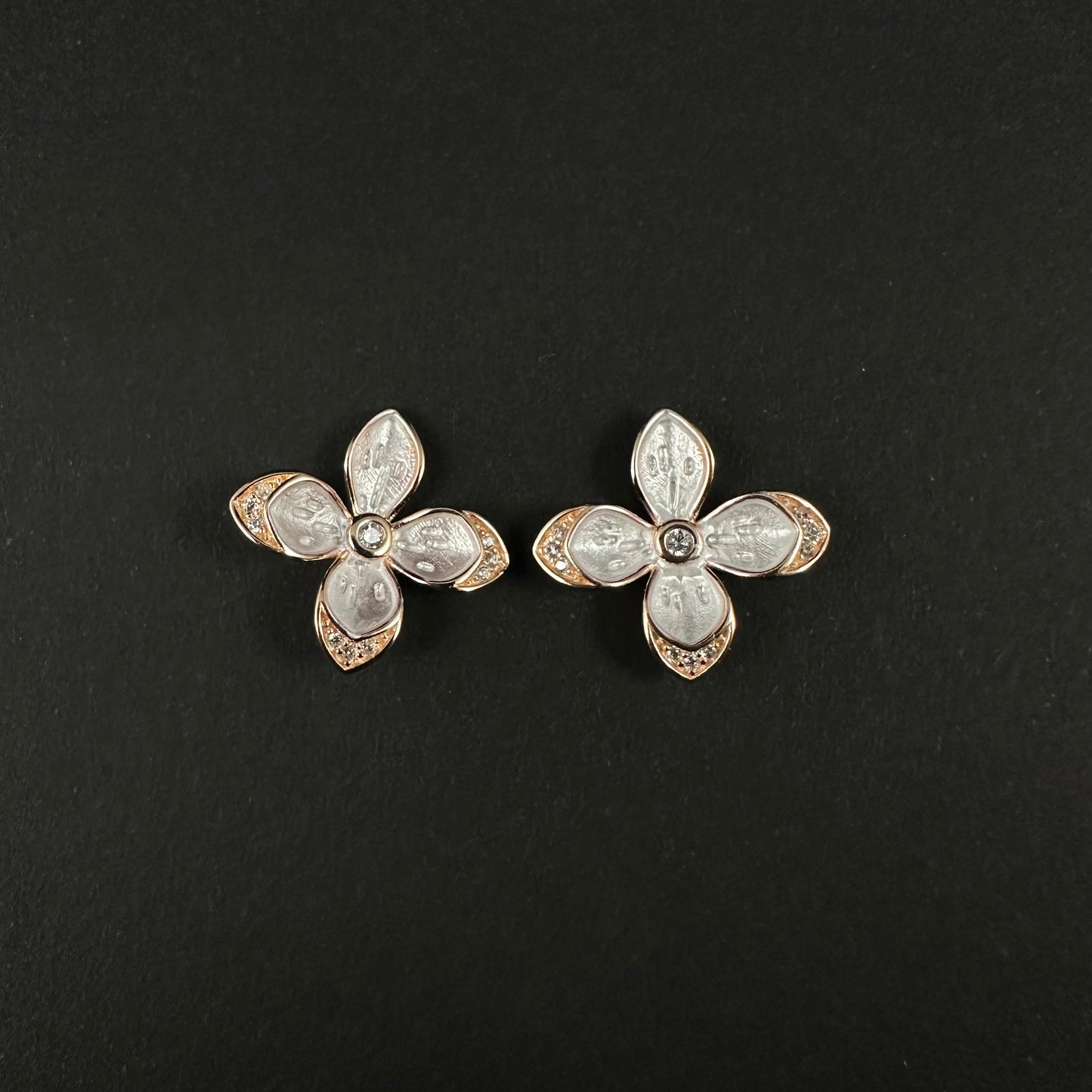 Silver Rose Gold Floral Diamond Stud Earrings for Women