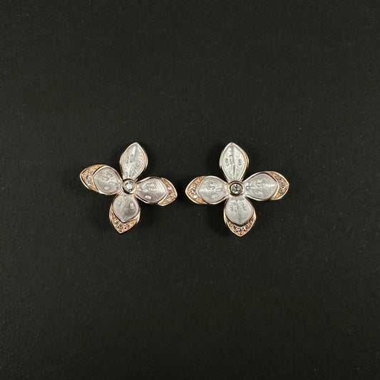 Silver Rose Gold Floral Diamond Stud Earrings for Women