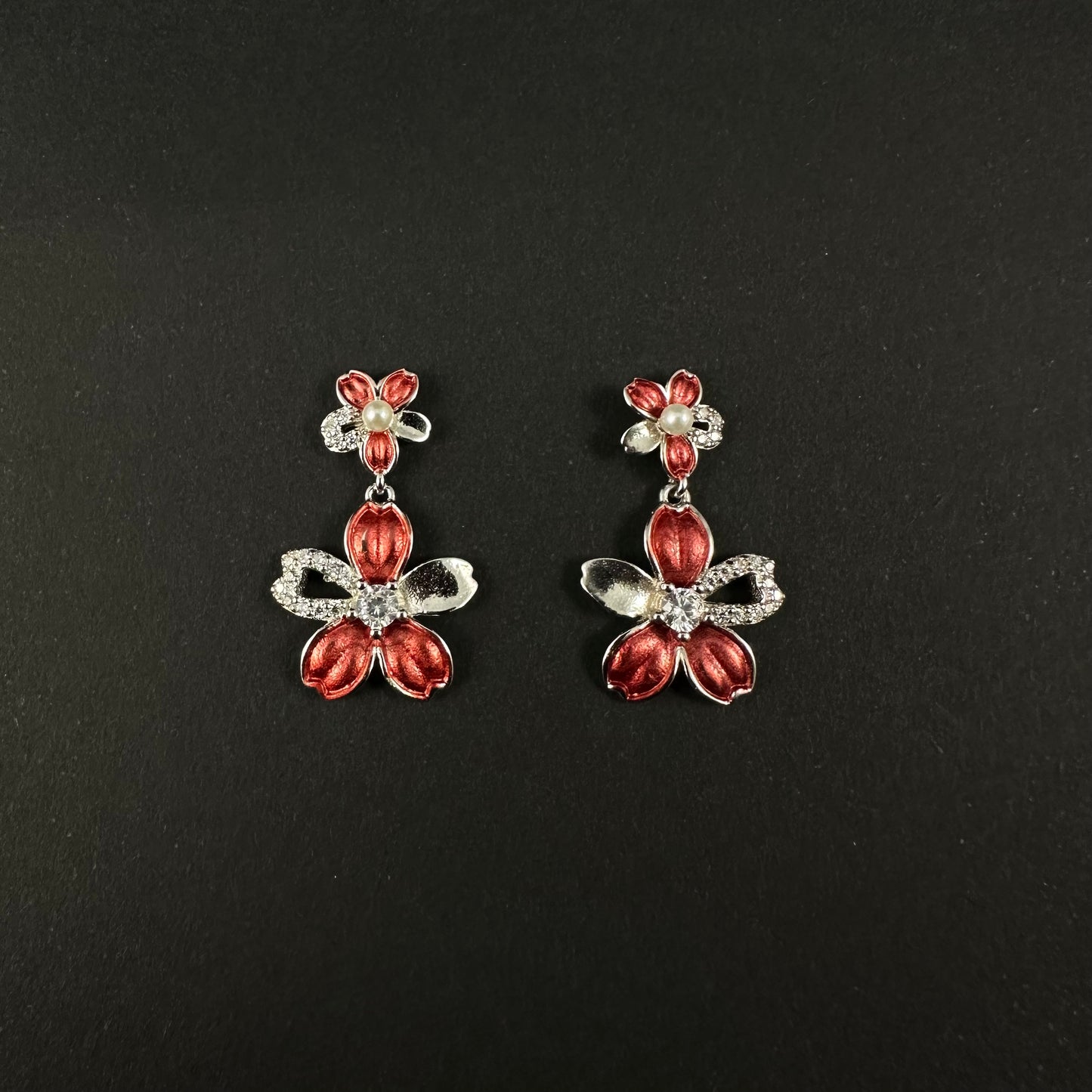 Silver Red Floral Diamond Drop Earrings for Women