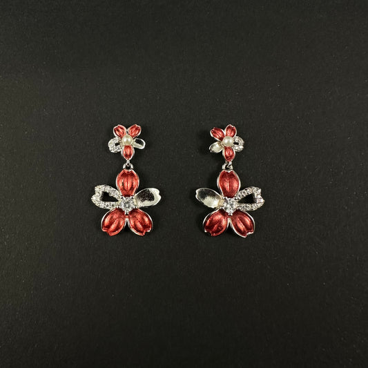 Silver Red Floral Diamond Drop Earrings for Women