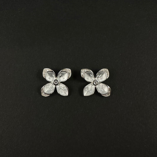 Silver Pearl White Floral Diamond Stud Earrings for Women