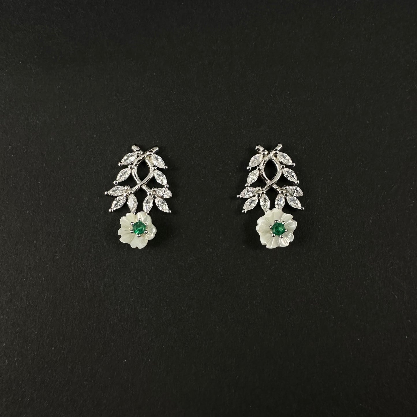 Silver Floral Green Stone Diamond Stud Earrings for Women