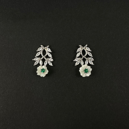Silver Floral Green Stone Diamond Stud Earrings for Women