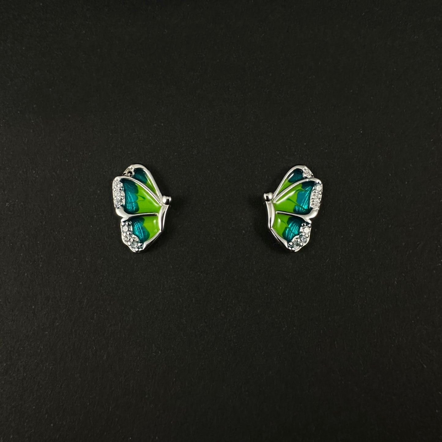 Silver Green & Blue Butterfly Diamond Stud Earrings for Women