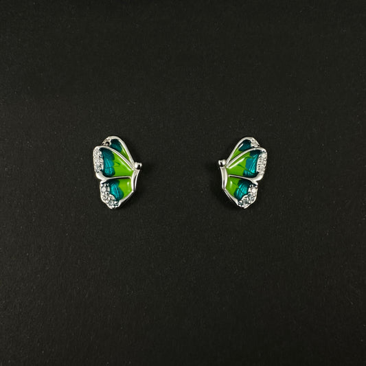 Silver Green & Blue Butterfly Diamond Stud Earrings for Women