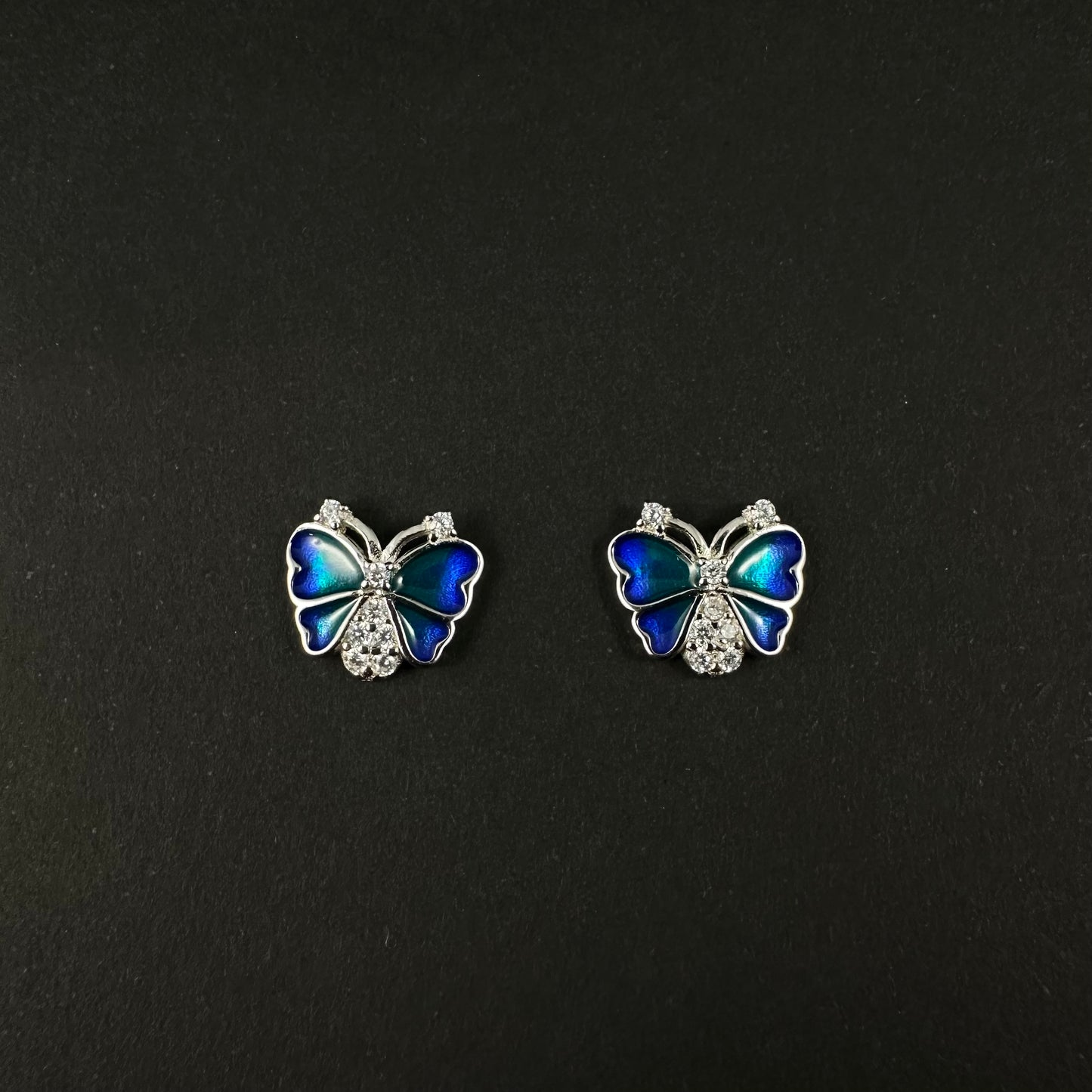 Silver Blue Butterfly Diamond Stud Earrings for Women