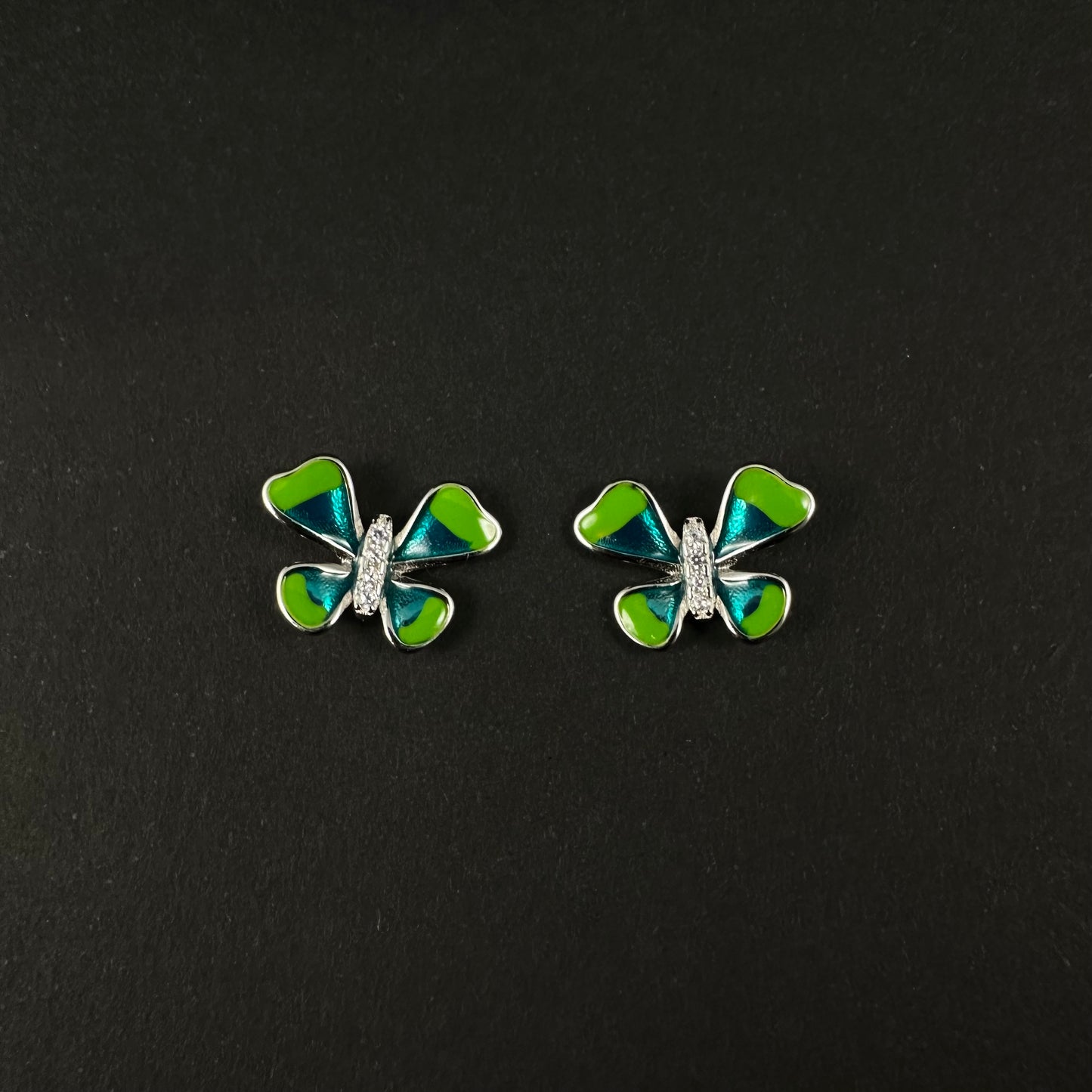 Silver Green & Blue Bow Diamond Stud Earrings for Women