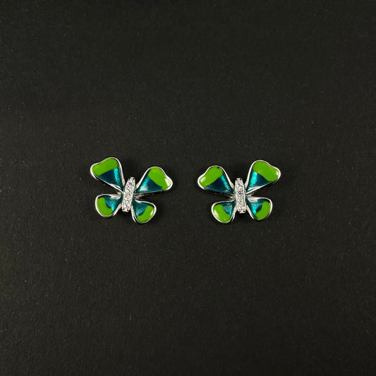 Silver Green & Blue Bow Diamond Stud Earrings for Women