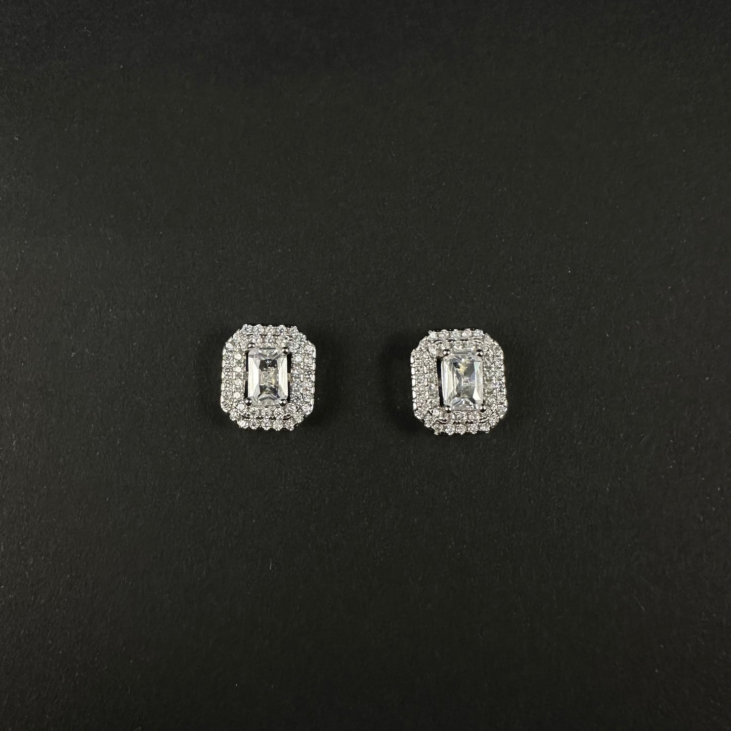 Silver Emerald-Cut Halo Diamond Stud Earrings for Women