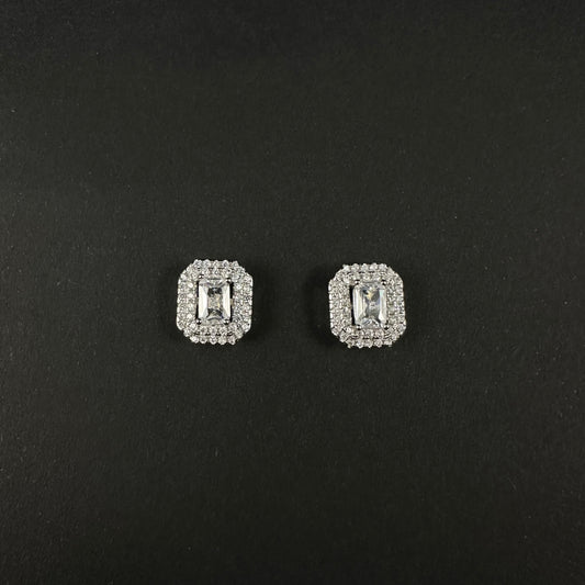 Silver Emerald-Cut Halo Diamond Stud Earrings for Women