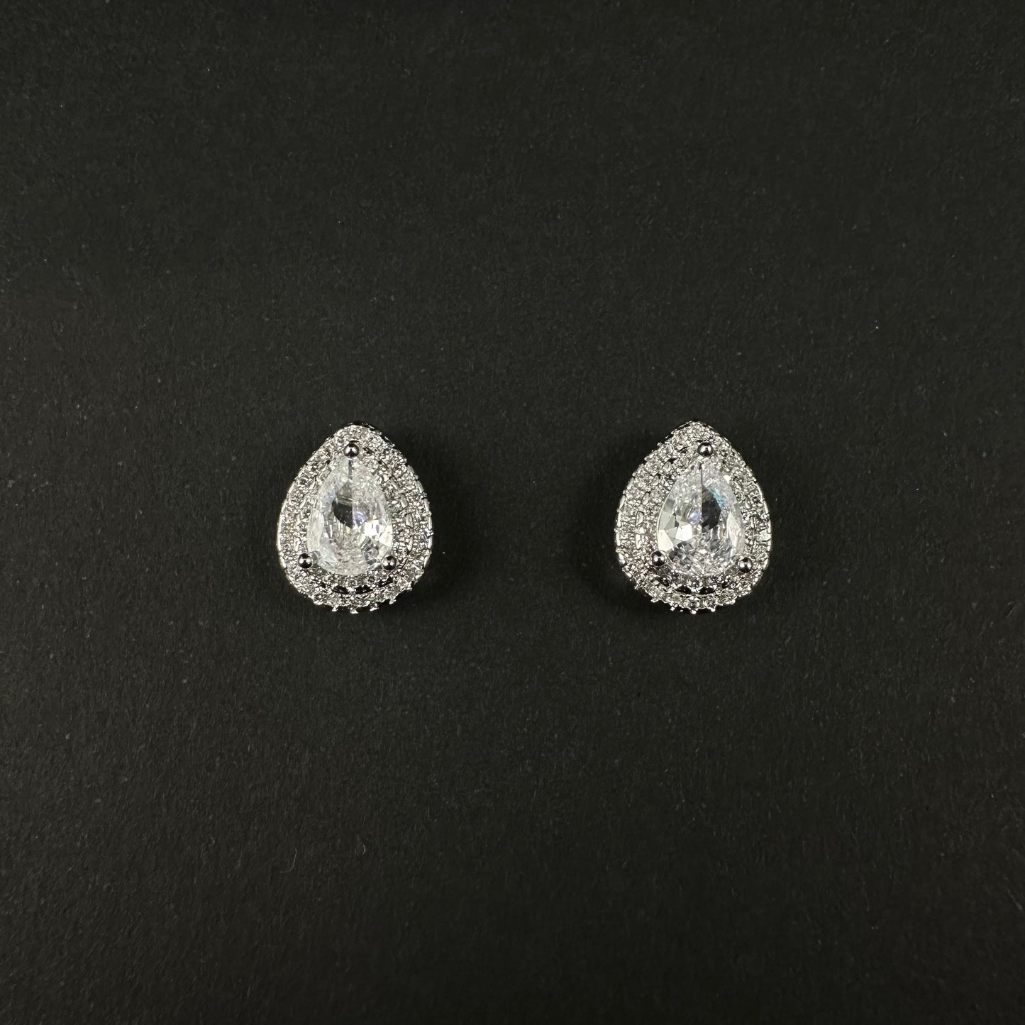 Silver Pear Cut Double Halo Diamond Stud Earrings for Women