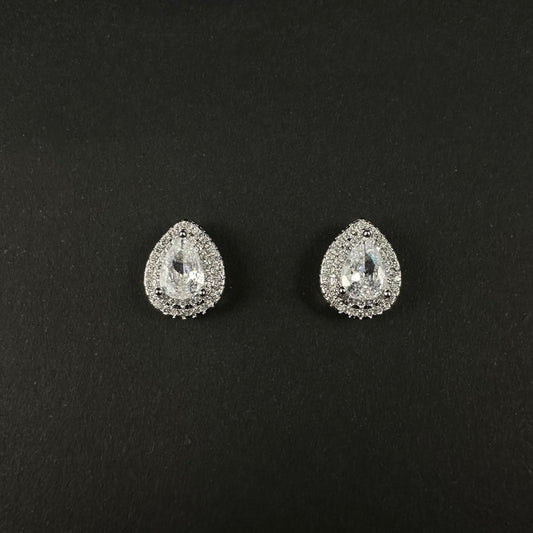Silver Pear Cut Double Halo Diamond Stud Earrings for Women