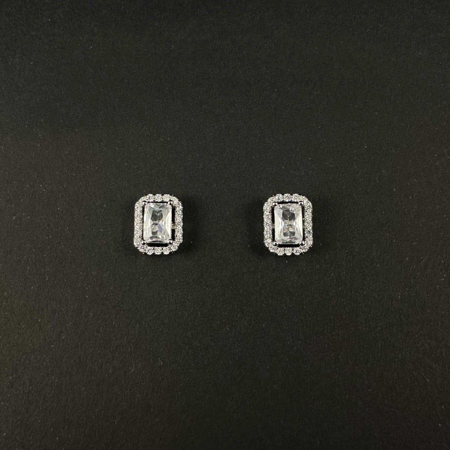 Silver Emerald-Cut Halo Diamond Stud Earrings for Women