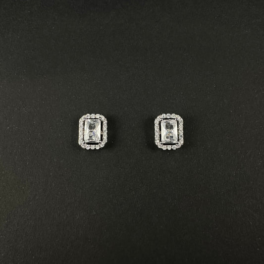 Silver Emerald-Cut Halo Diamond Stud Earrings for Women