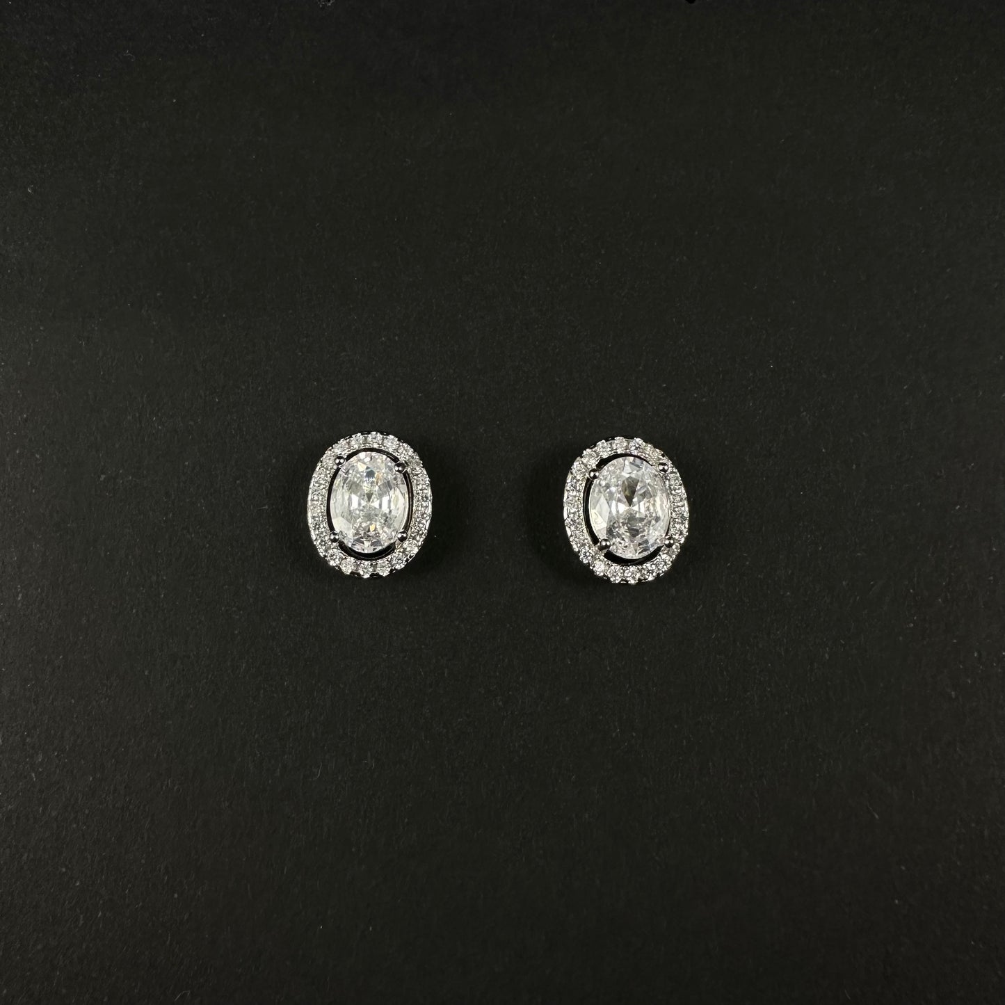 Silver Oval Halo Diamond Stud Earrings for Women