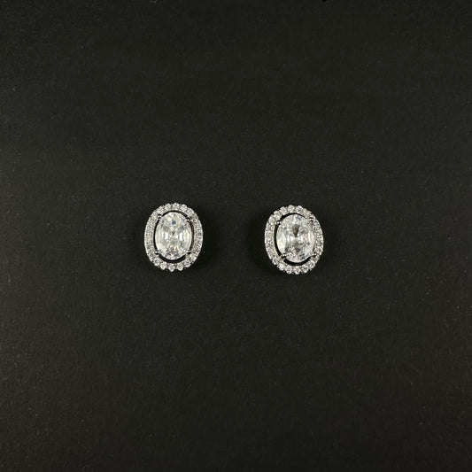 Silver Oval Halo Diamond Stud Earrings for Women