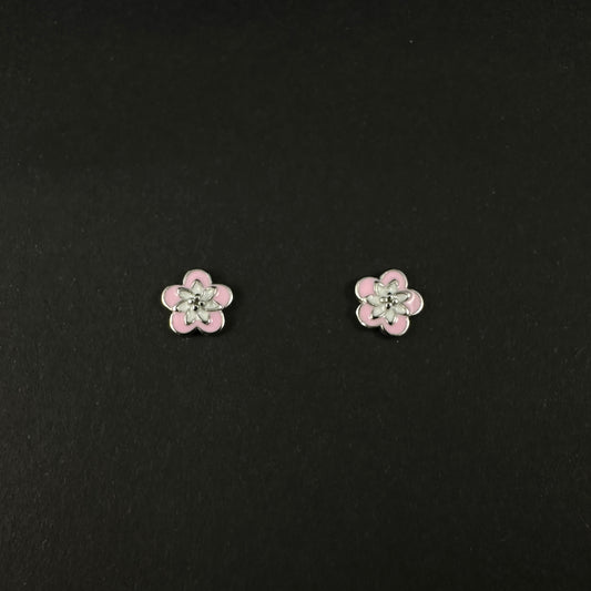 Silver Pink Floral Stud Earrings for Women