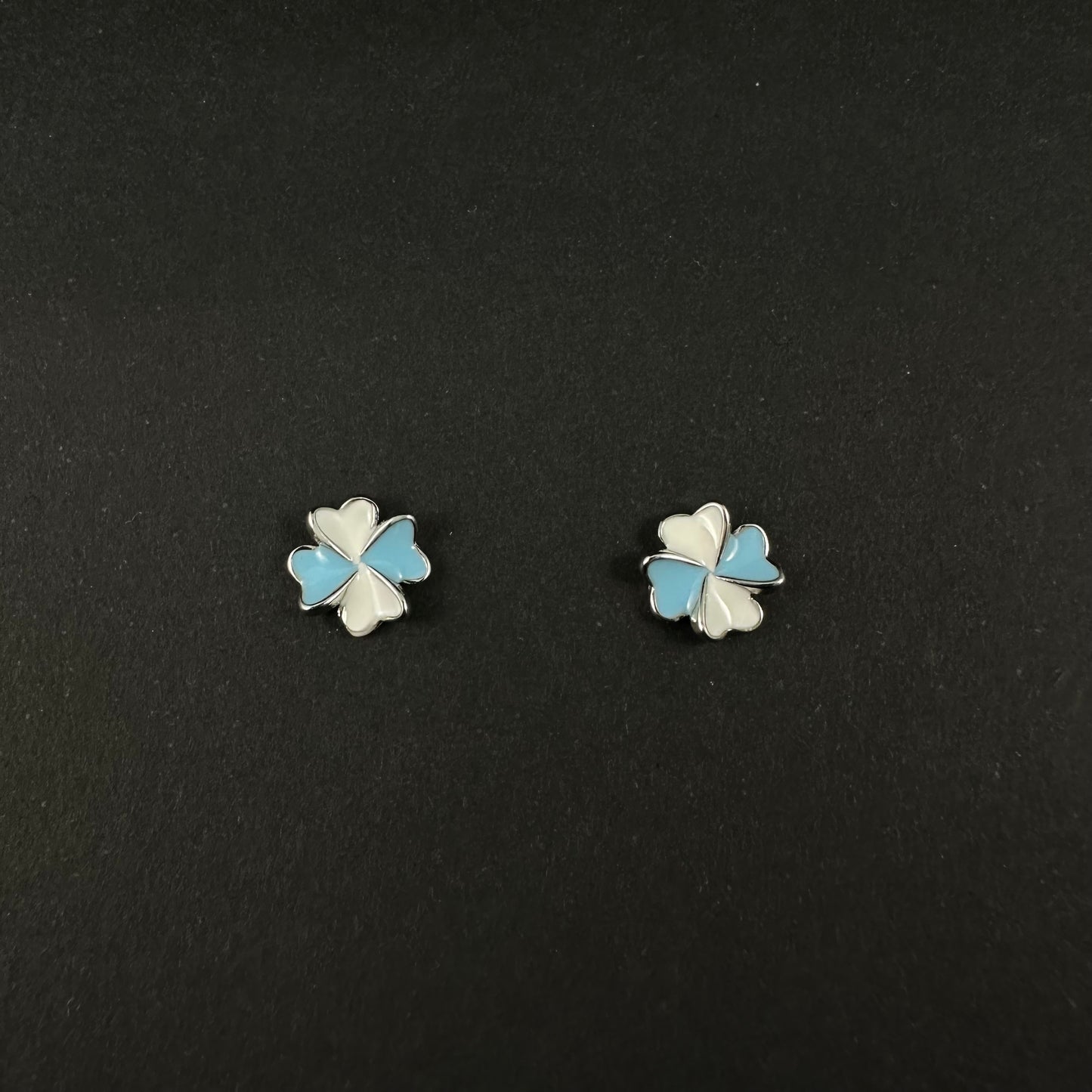 Silver Blue & White Four Leaf Clover Stud Earrings for Women