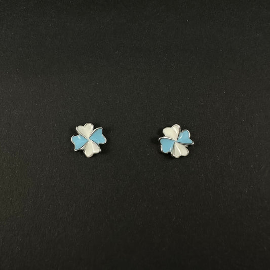Silver Blue & White Four Leaf Clover Stud Earrings for Women