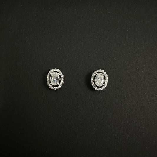 Silver Oval Halo Diamond Stud Earrings for Women