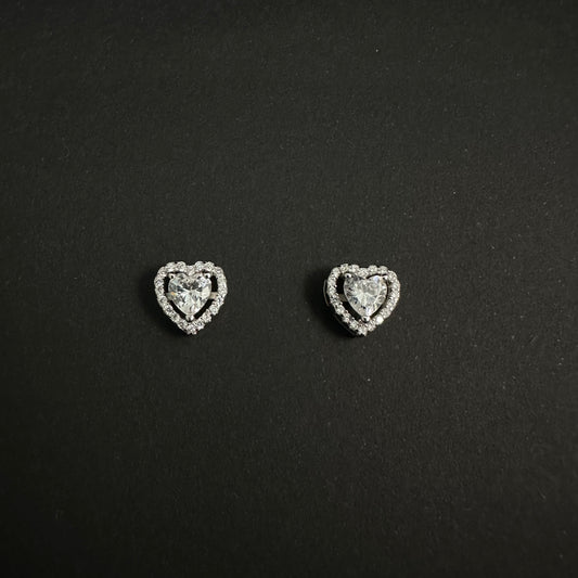 Silver Heart Halo Diamond Stud Earrings for Women