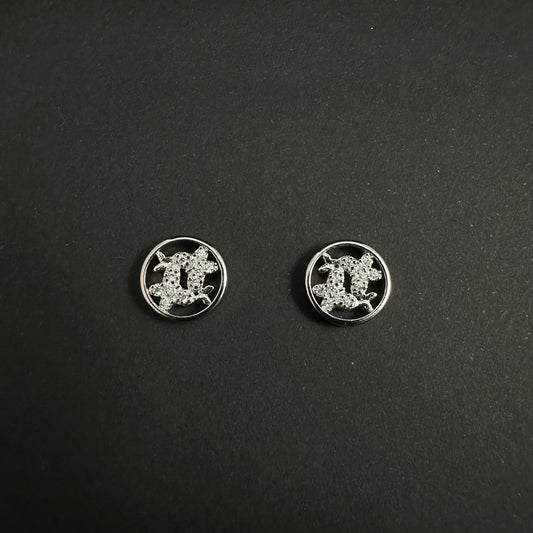 Silver Round Monogram Diamond Stud Earrings for Women