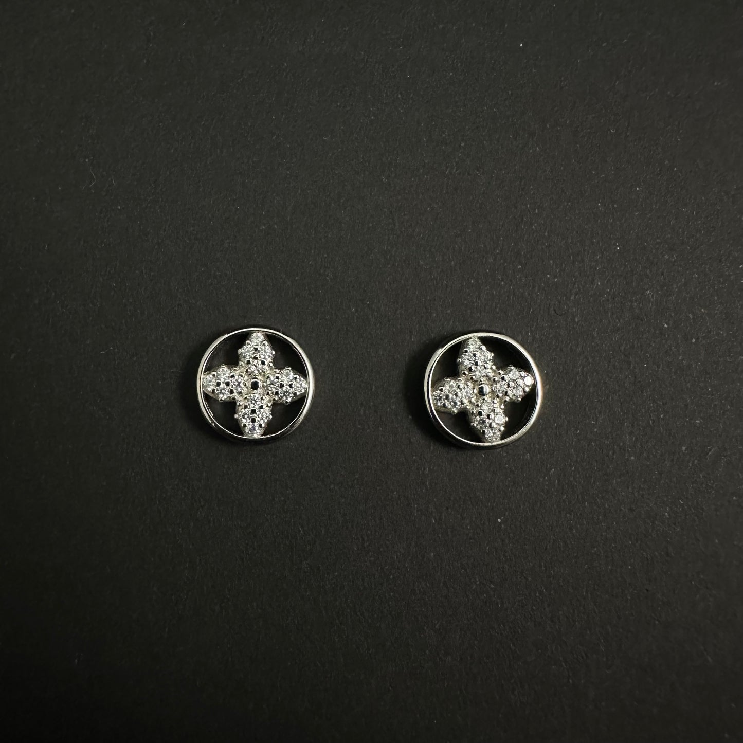 Silver Floral Diamond Stud Earrings for Women
