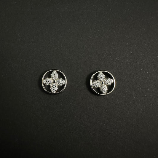 Silver Floral Diamond Stud Earrings for Women
