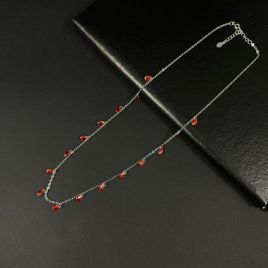 Crimson Dewdrop Silver Charm Necklace for Women
