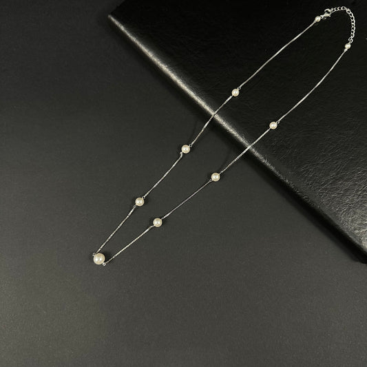 Classic Pearl Station Silver Necklace for Women